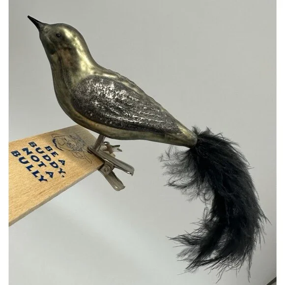 3 Blown Glass Bird Clip On Ornaments Feather Tails Gold & Black Glitter Vintage - Picture 15 of 16